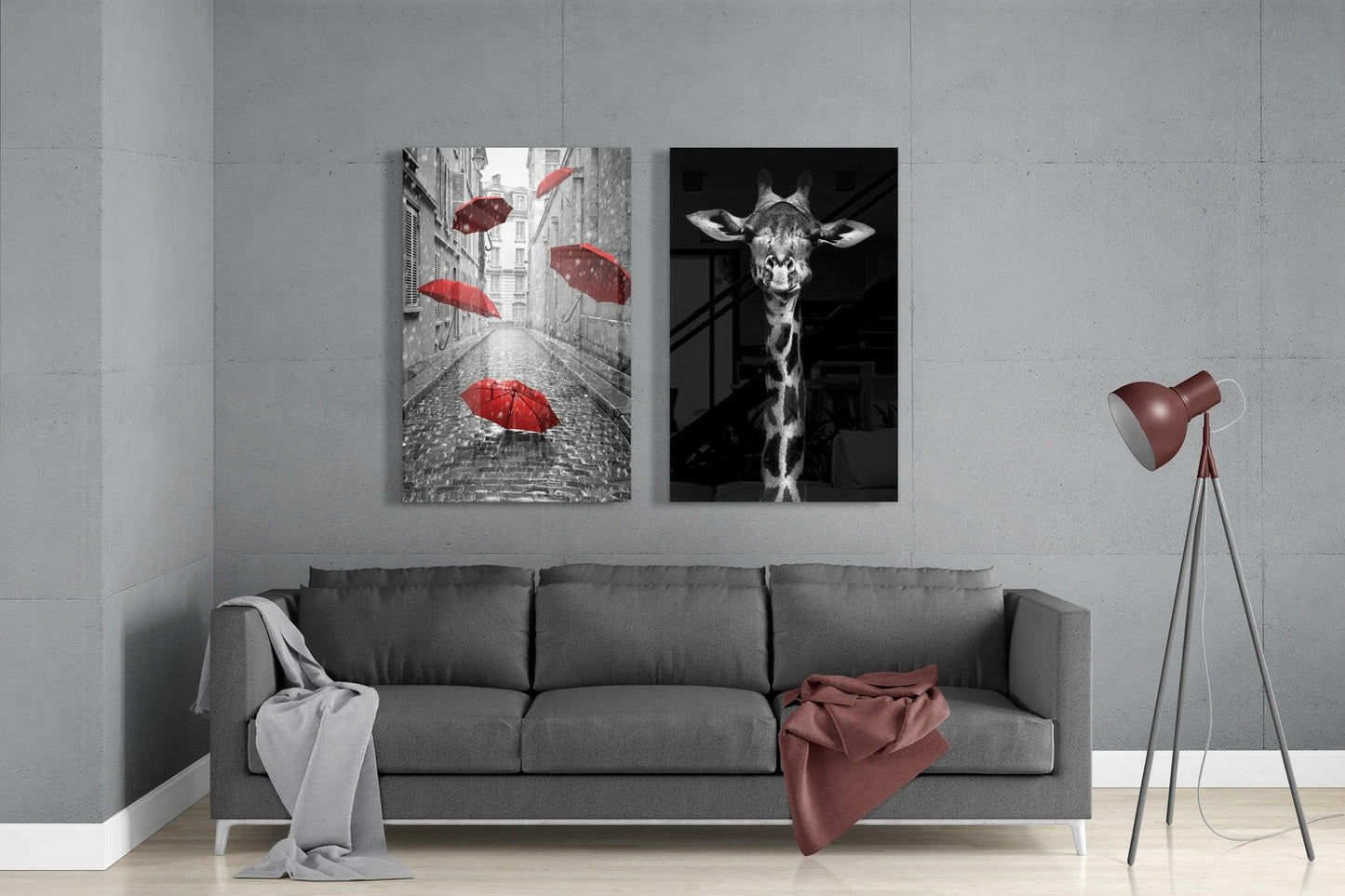 Giraffe and Umbrellas Glass Wall Art