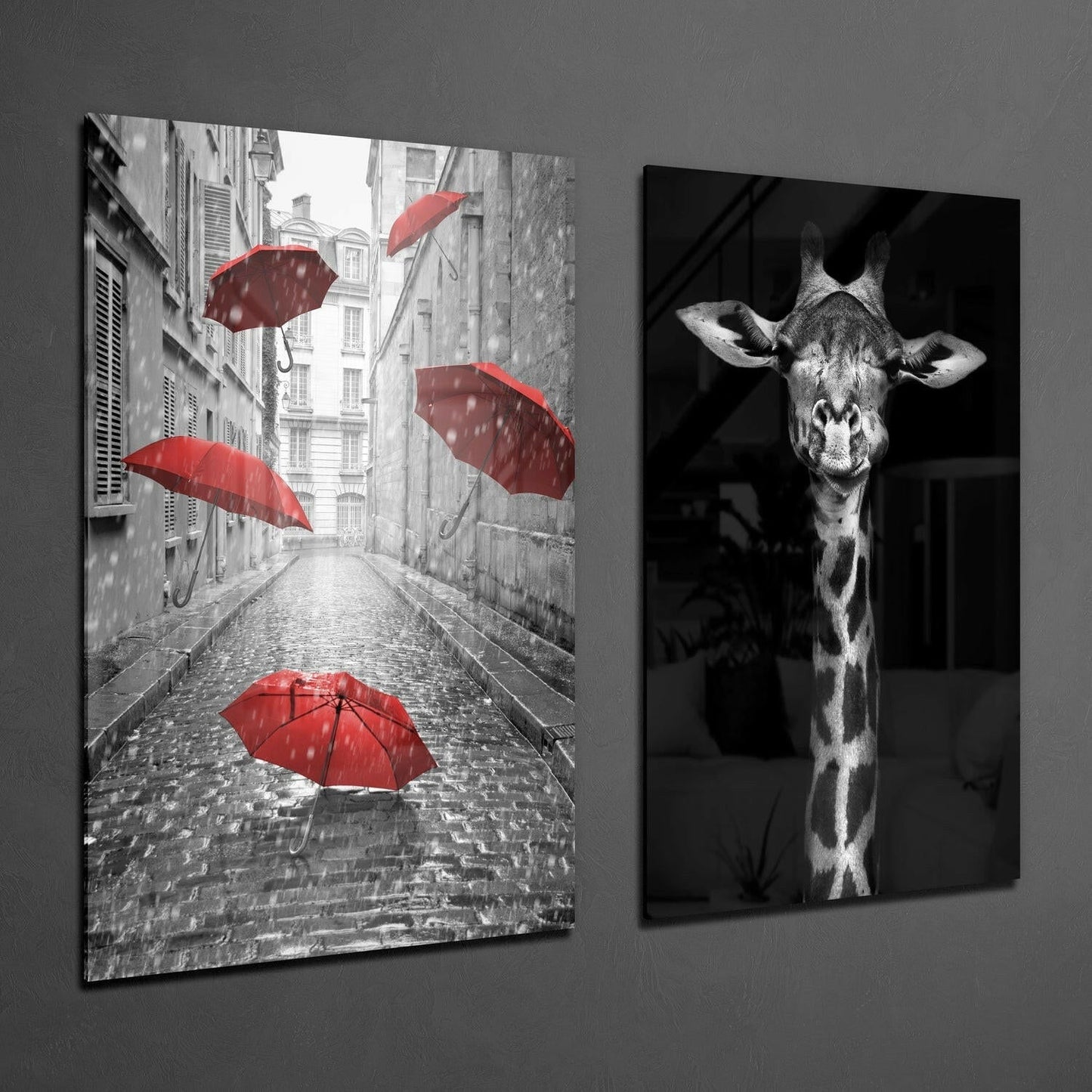 Giraffe and Umbrellas Glass Wall Art