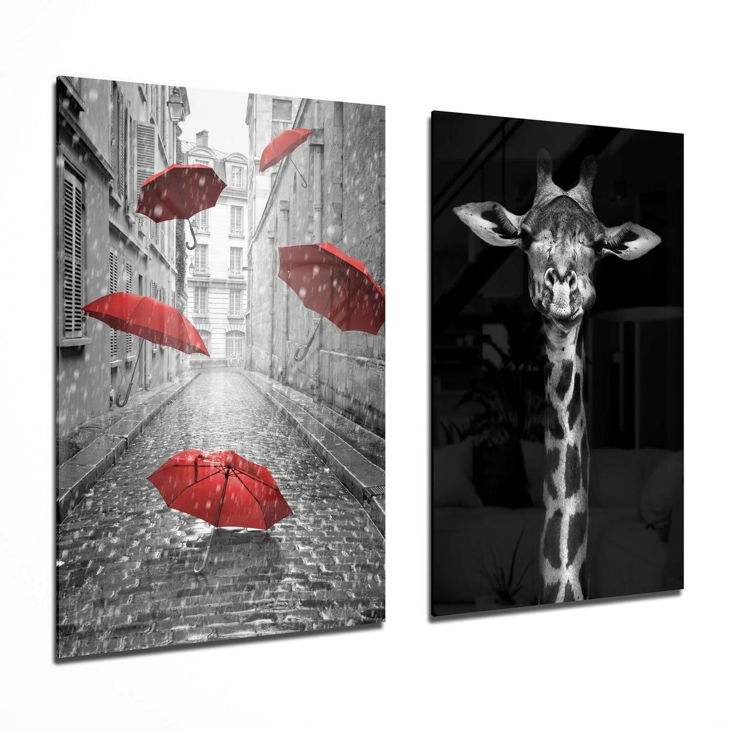 Giraffe and Umbrellas glass wall art two-piece set on a wall