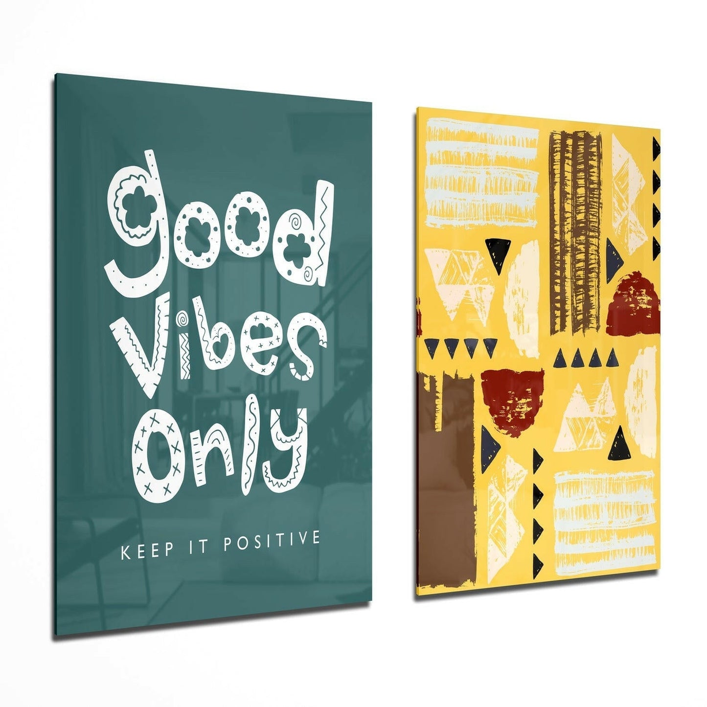 Good Vibes Only glass wall art two-piece set on a wall