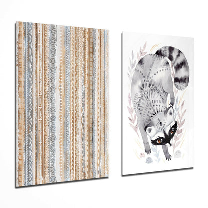 Raccoon glass wall art two-piece set on a wall