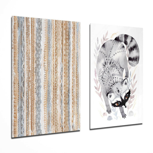Raccoon glass wall art two-piece set on a wall