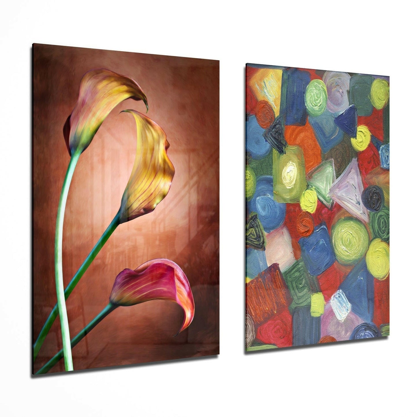 Tulips and Shapes glass wall art two-piece set on a wall