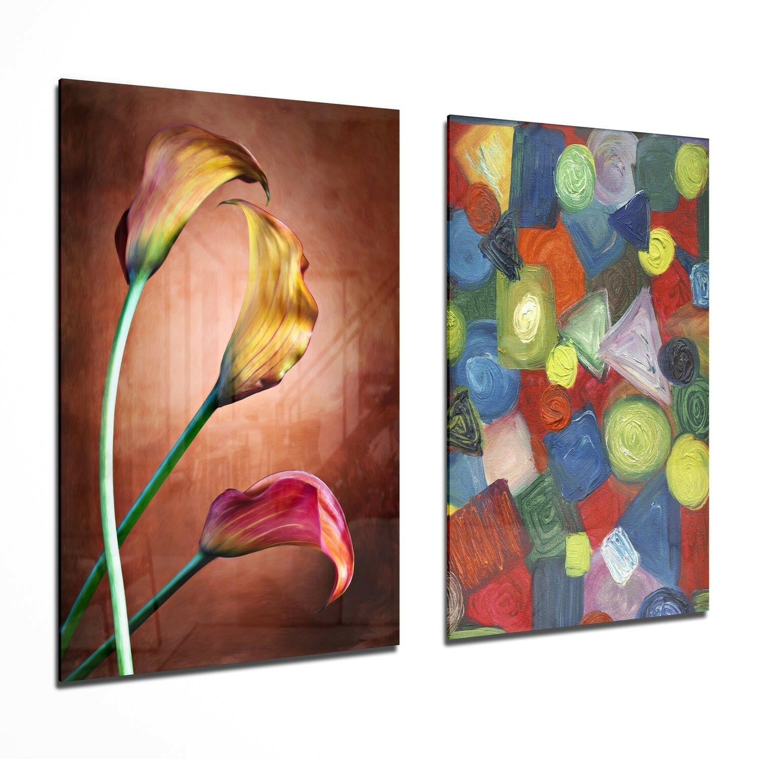 Tulips and Shapes glass wall art two-piece set on a wall