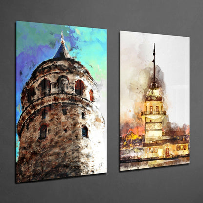 Galata Tower and Maiden's Tower Glass Wall Art