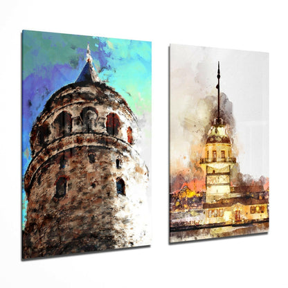Galata Tower and Maiden's Tower glass wall art two-piece set on a wall