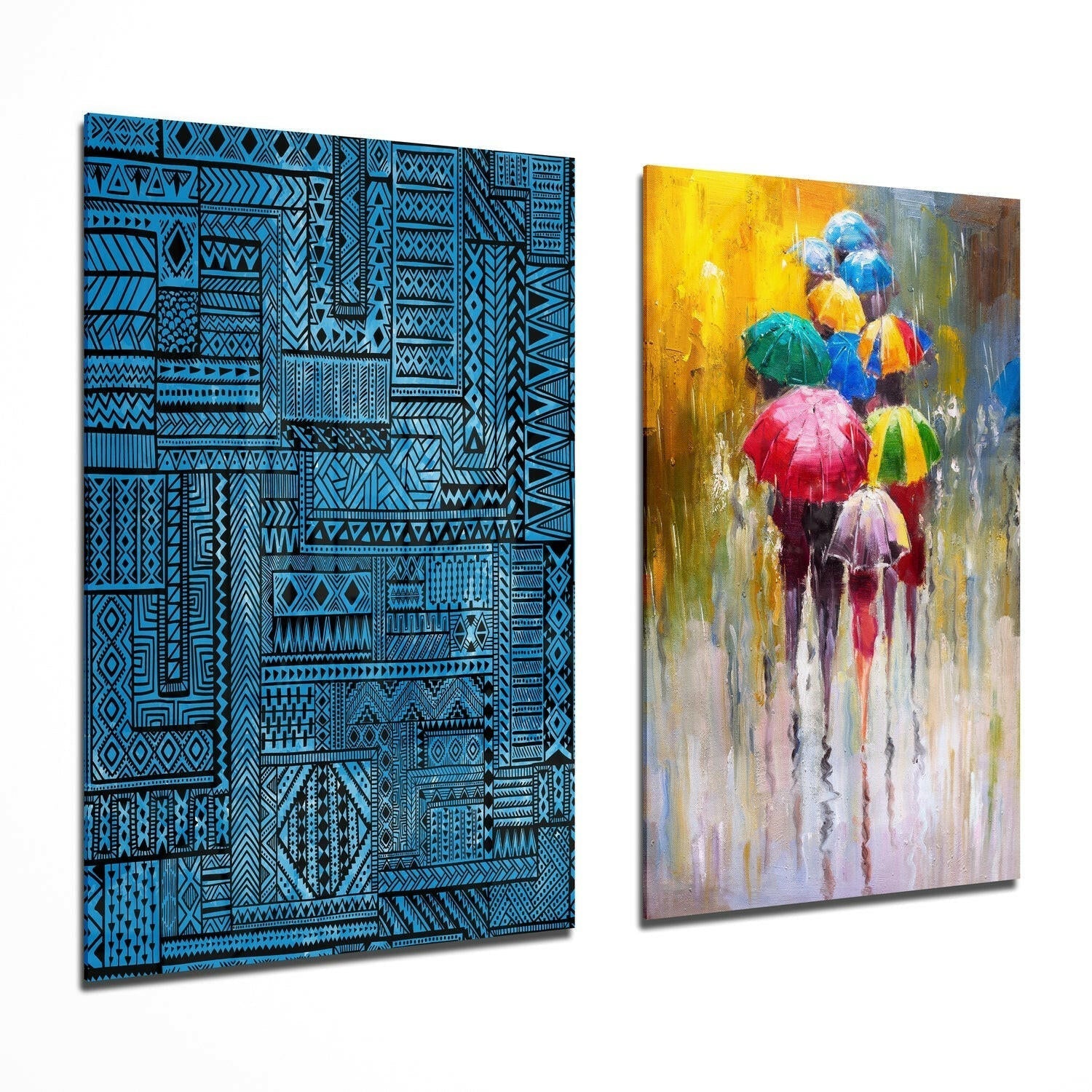 Umbrellas glass wall art two-piece set on a living room wall