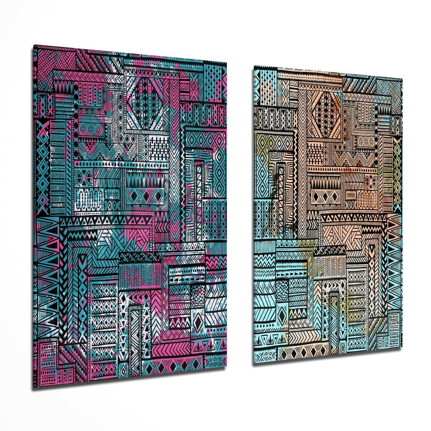 Ethnic Patterns glass wall art two-piece set on a wall