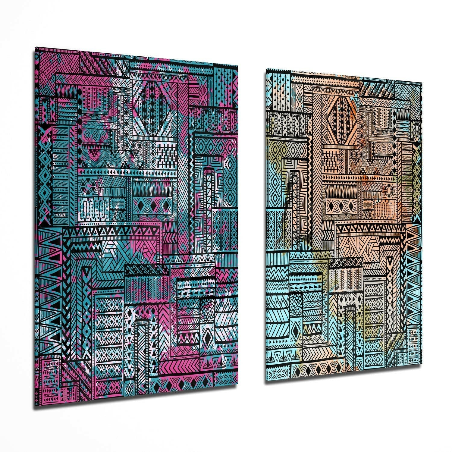 Ethnic Patterns glass wall art two-piece set on a wall