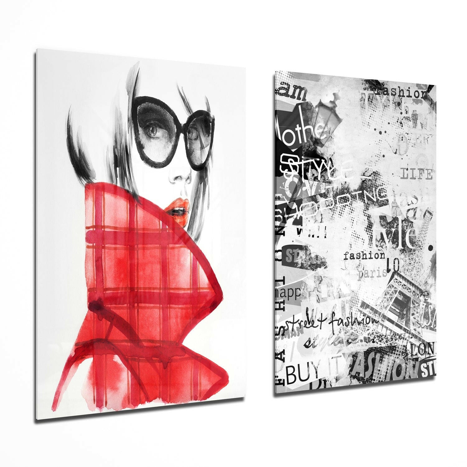Women in Red glass wall art two-piece set on a living room wall
