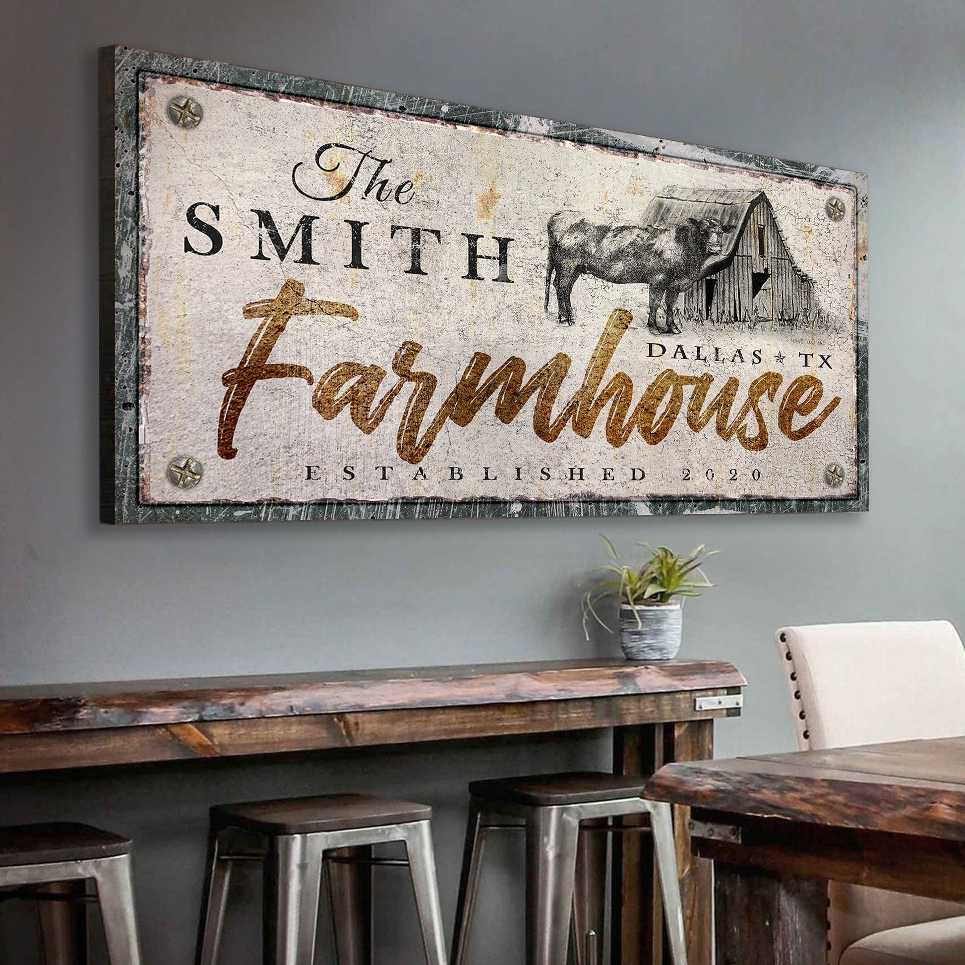 Rustic farmhouse canvas sign V with warm country style wall art