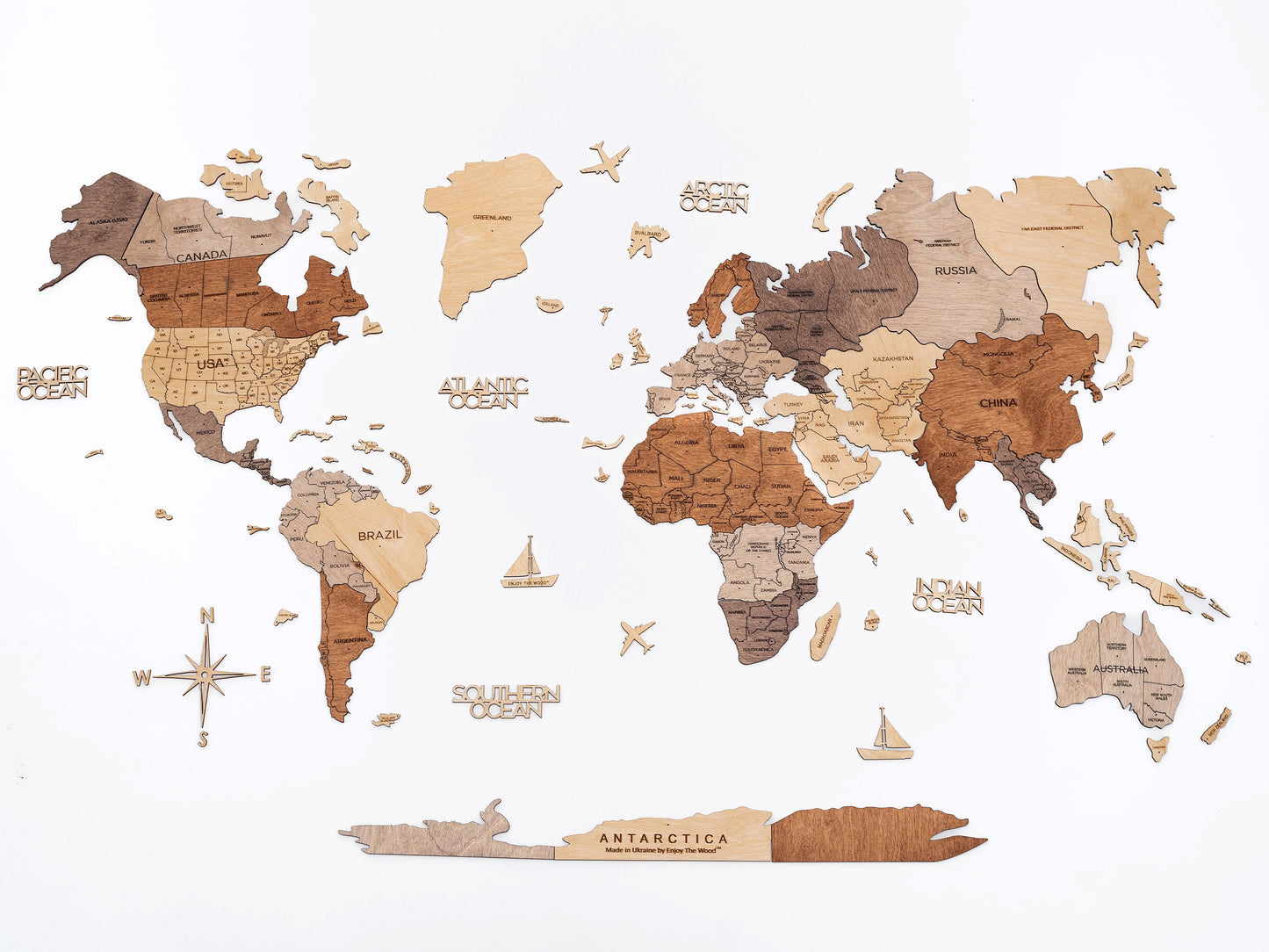 3D Wooden World Map Wall Art - Multicolor