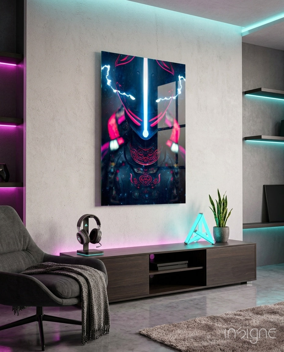 Thunder Fighter glass wall art featuring a cyberpunk samurai