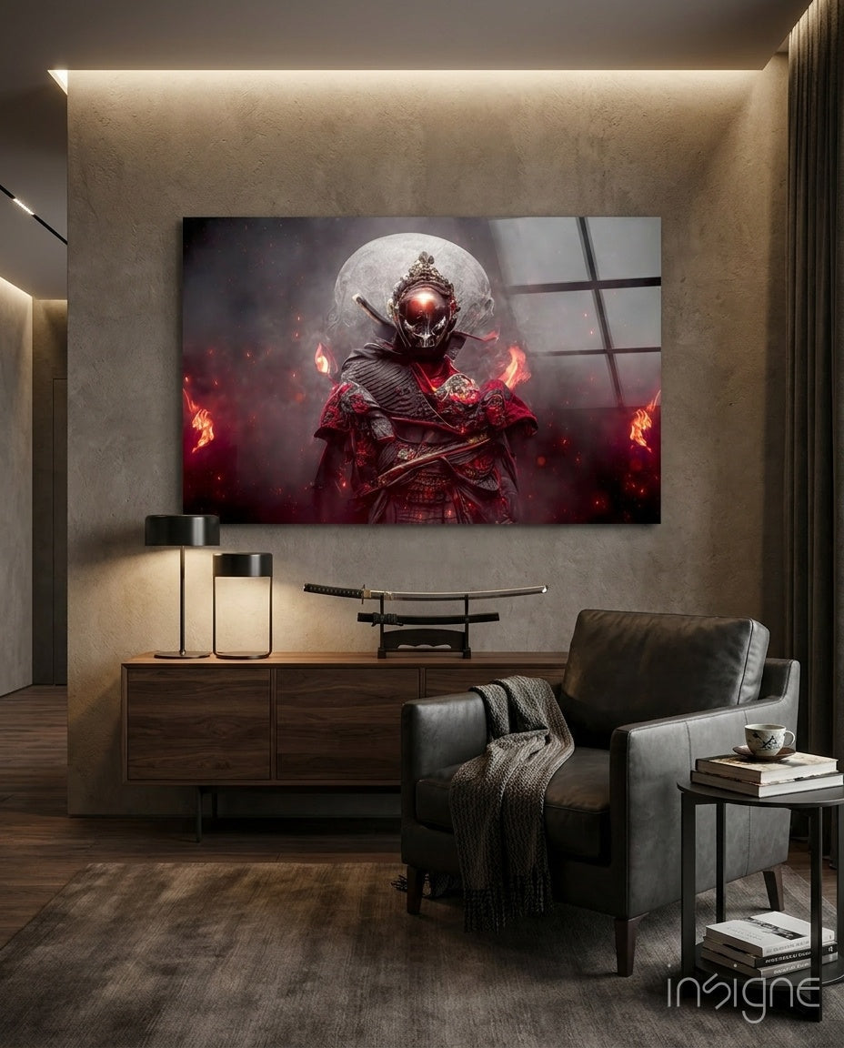 Fire Fighter glass wall art featuring a skull-masked ronin in flames