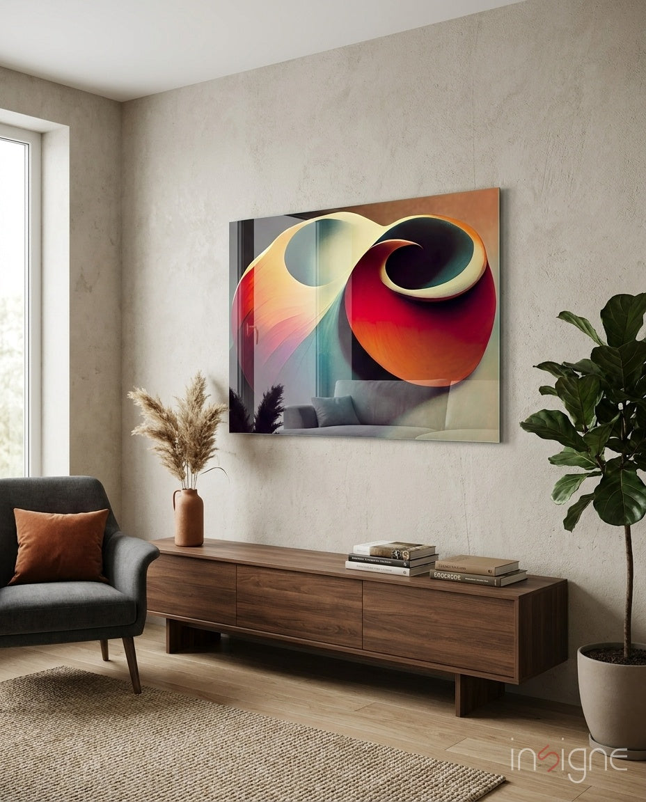 The Shell glass wall art featuring sculptural coral ribbon abstract