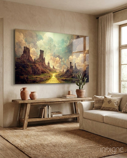 Road to the End glass wall art featuring a surreal canyon landscape