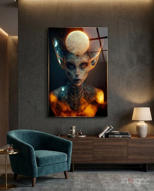 The Master glass wall art featuring a close-up alien portrait