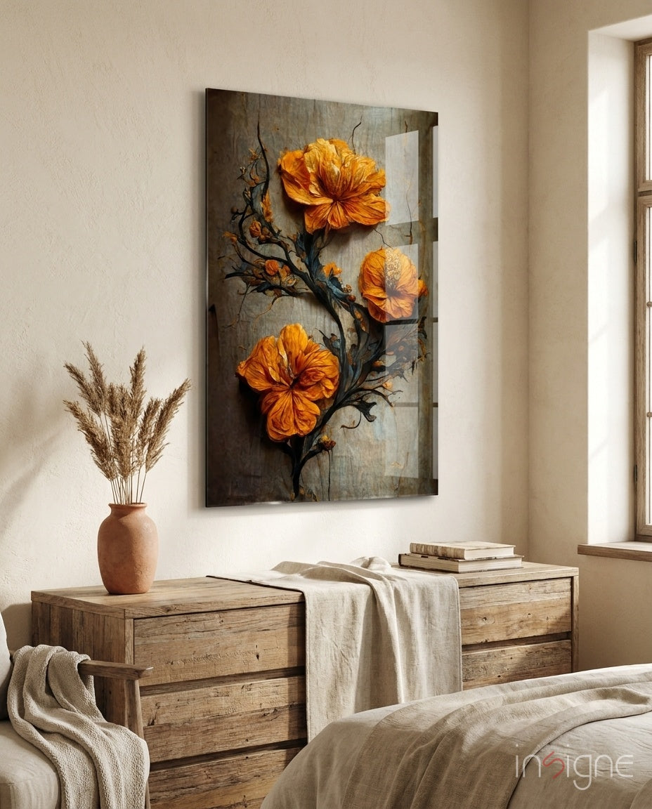 Timeless Flowers glass wall art featuring saffron blooms on indigo branches