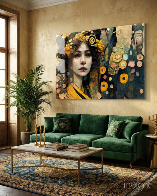 The Stance glass wall art featuring a Klimt-inspired woman portrait