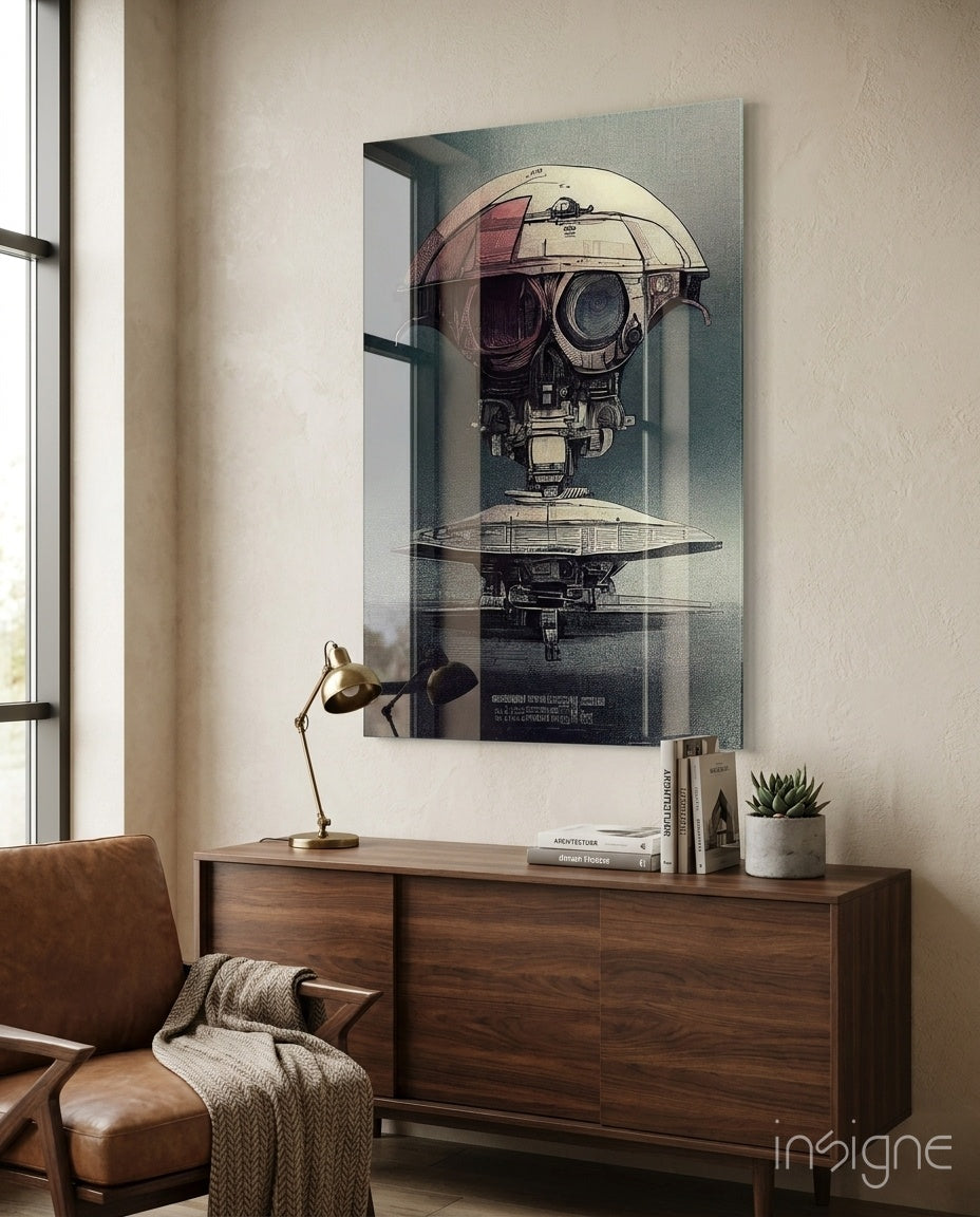 The Arrival glass wall art featuring a retrofuturist airship