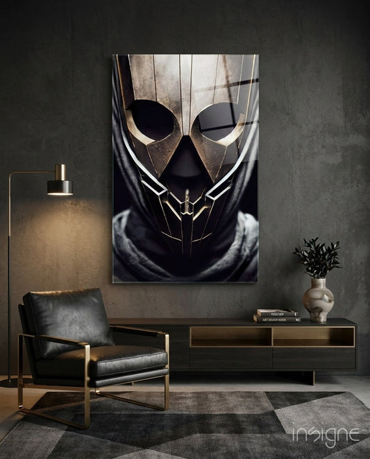 Peace Fighter glass wall art featuring a bronze ceremonial helmet