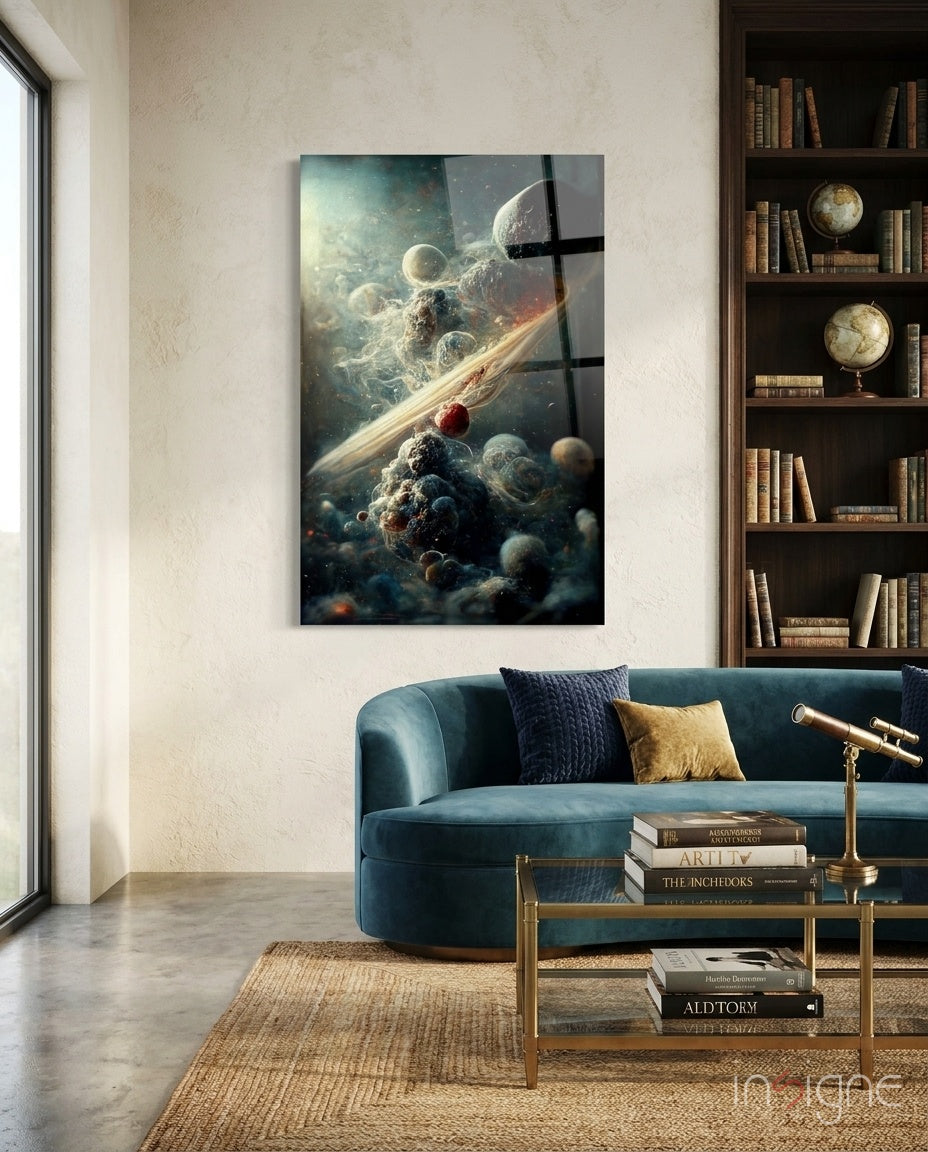 Small Bang glass wall art featuring cosmic planetary fragments