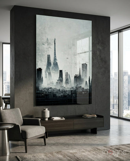 Old City Silhouette glass wall art featuring a Paris cityscape