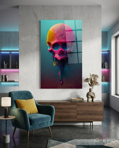 Melt of the Skull glass wall art featuring a dripping pop-surreal skull