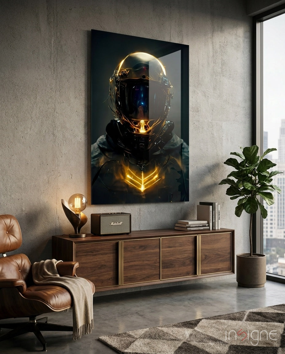 Back to the Space Glass Wall Art - sci-fi cosmonaut with chrome helmet on tempered glass