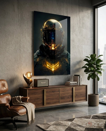 Back to the Space Glass Wall Art - sci-fi cosmonaut with chrome helmet on tempered glass