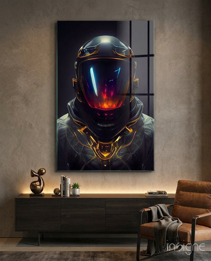 Back to the Space Glass Wall Art - sci-fi pilot with magenta visor on tempered glass