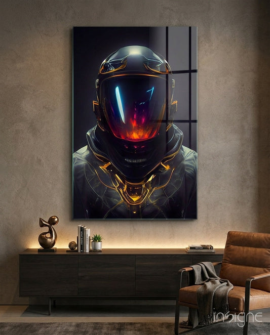 Back to the Space Glass Wall Art - sci-fi pilot with magenta visor on tempered glass