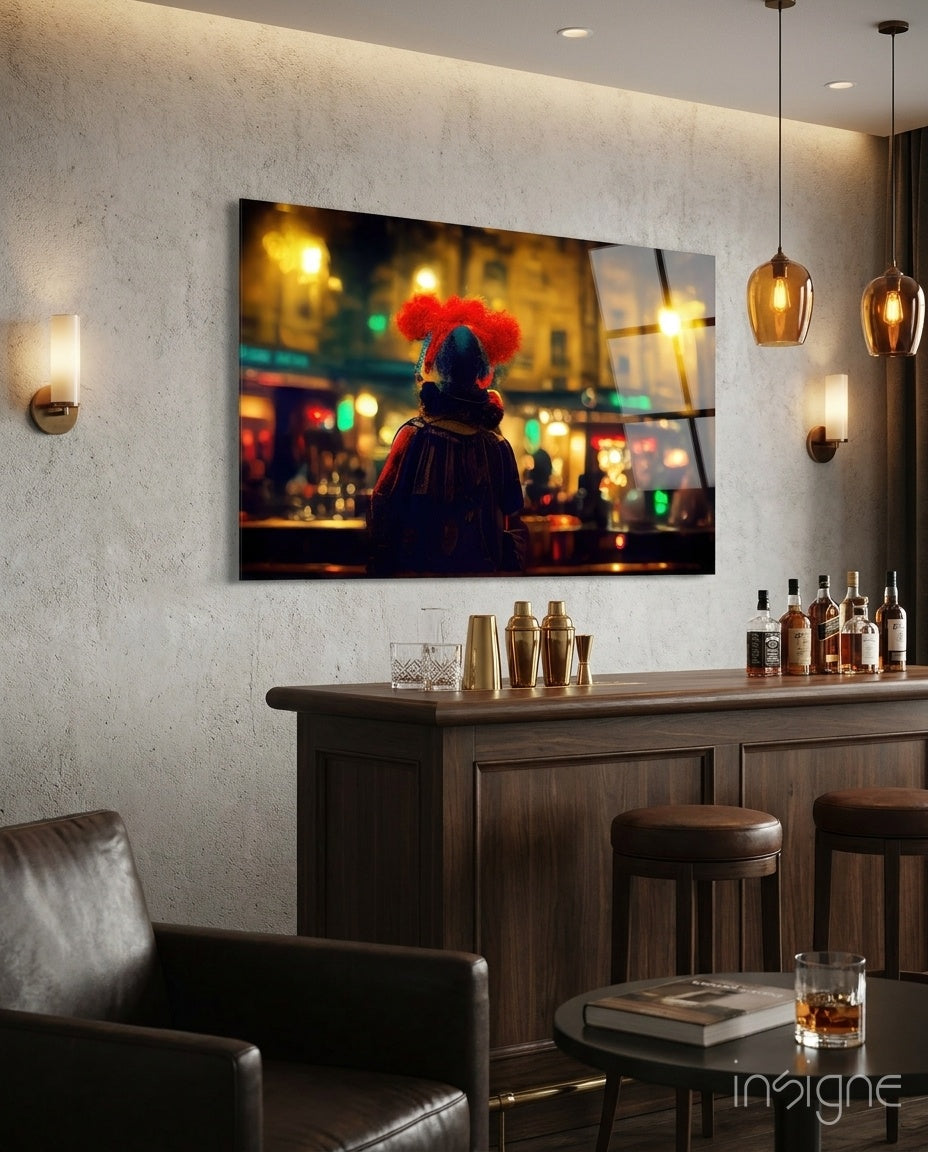 Fun glass wall art featuring a clown at a neon-lit cafe bar