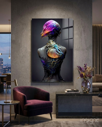 Mutation glass wall art featuring an iridescent plumed figure