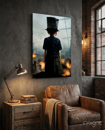 Burning the Past glass wall art featuring a rooftop silhouette scene
