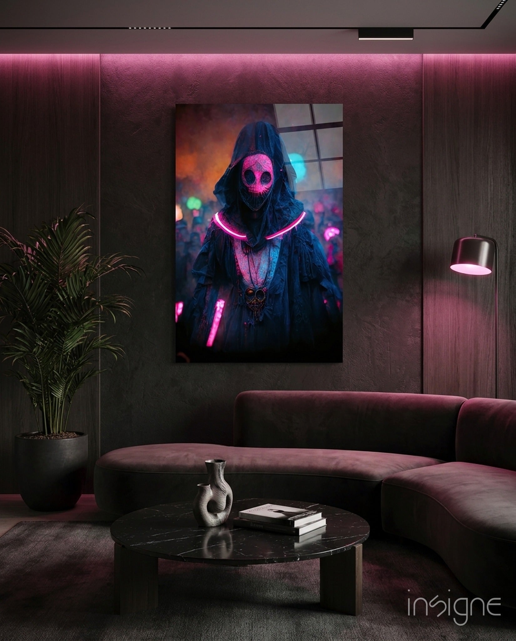 Shaman of the New World glass wall art featuring a neon hooded mystic