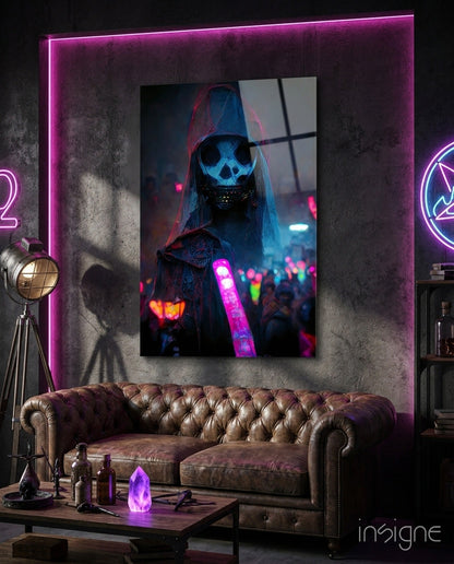 Shaman of the New World glass wall art featuring a neon hooded skull figure
