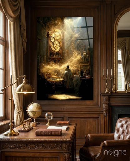 Time Flow glass wall art featuring a clockmaker atelier scene