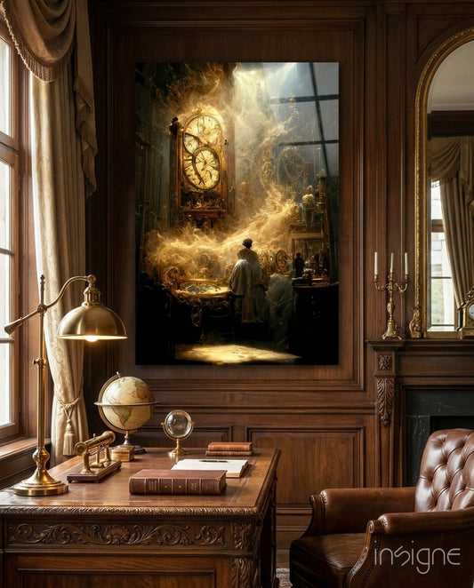 Time Flow glass wall art featuring a clockmaker atelier scene