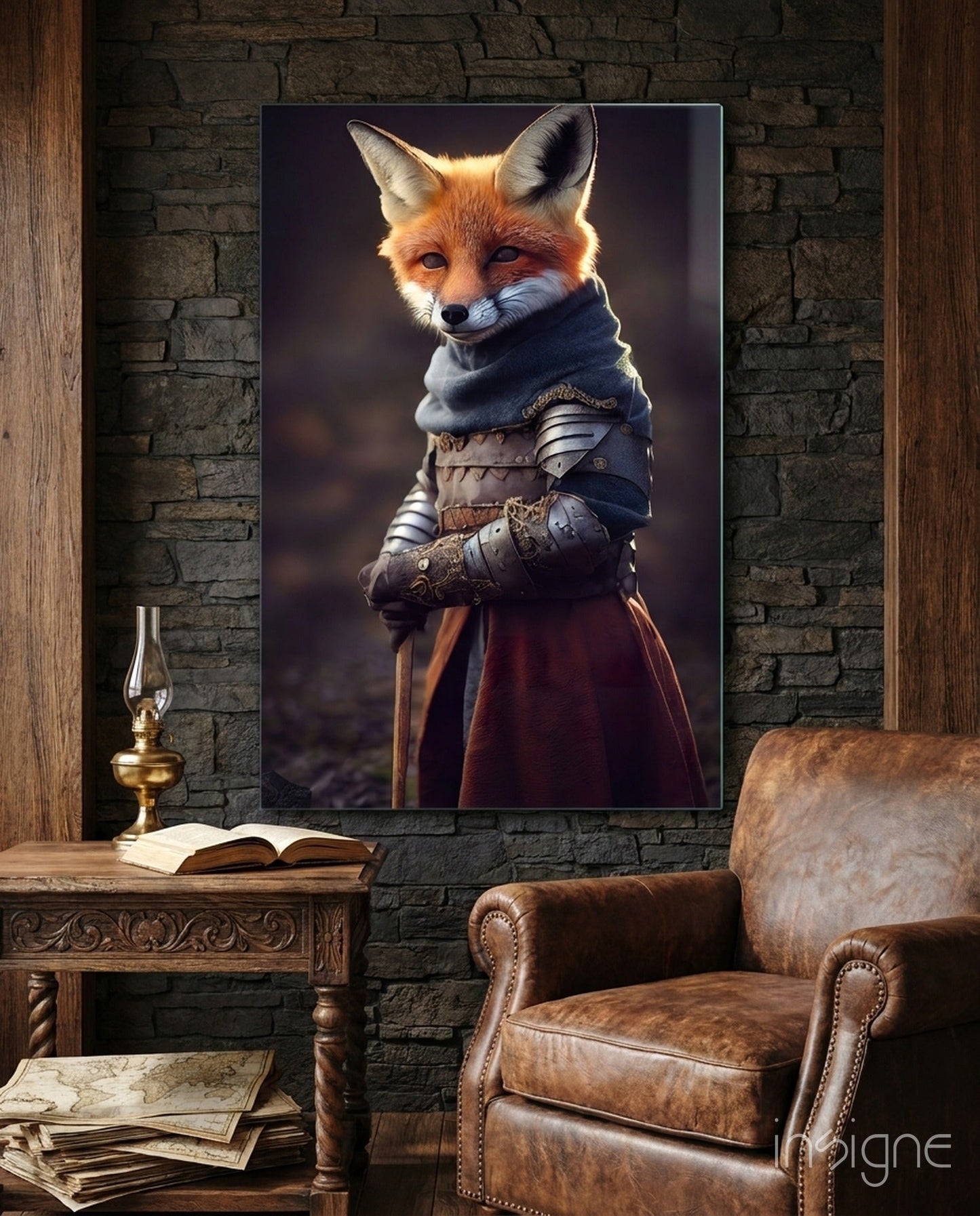The Fox glass wall art featuring an armored fantasy fox