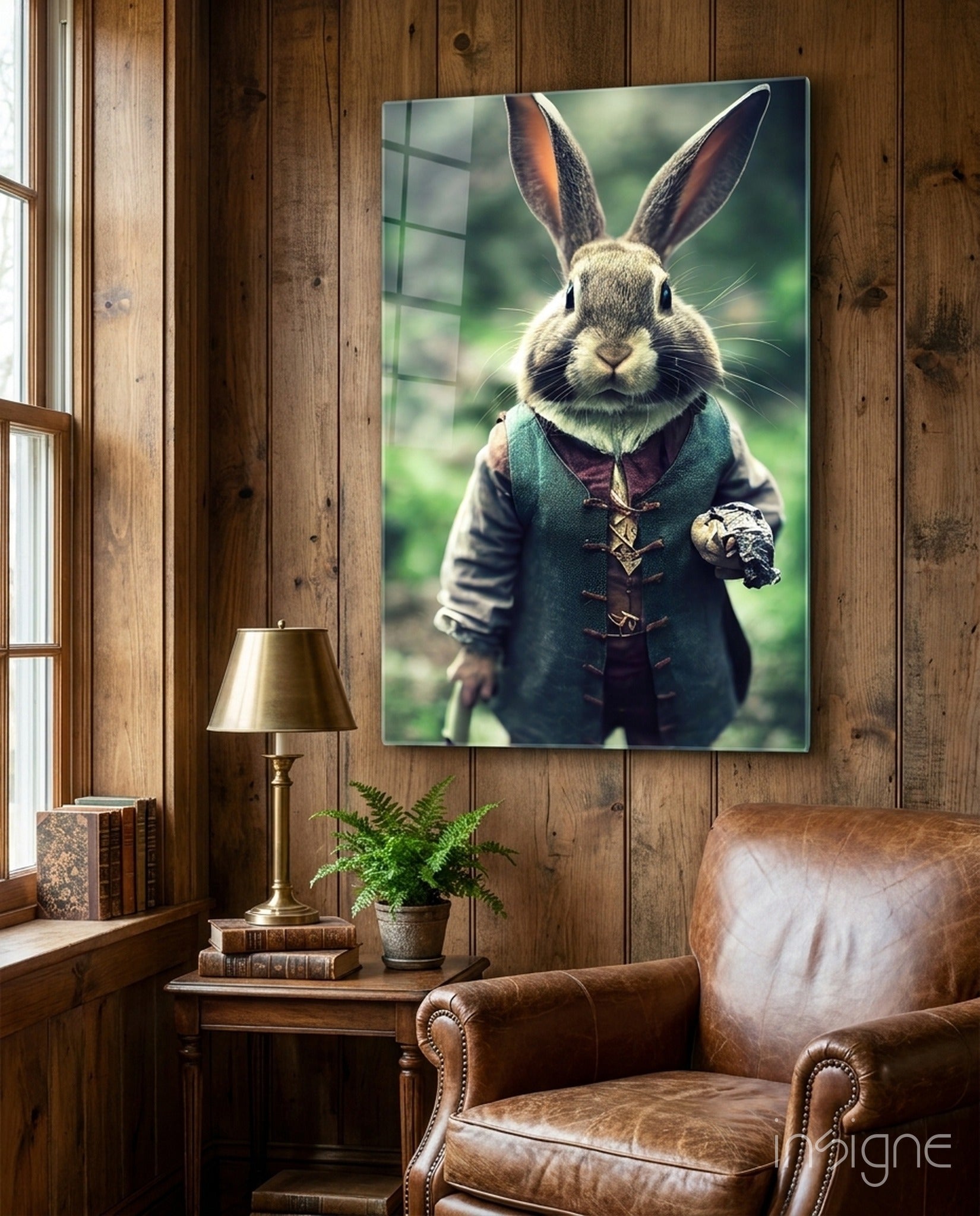 The Rabbit glass wall art featuring a whimsical rabbit gentleman