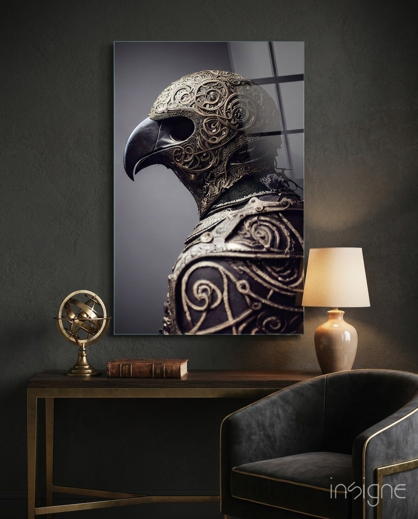 The Bird glass wall art featuring an armored falcon knight