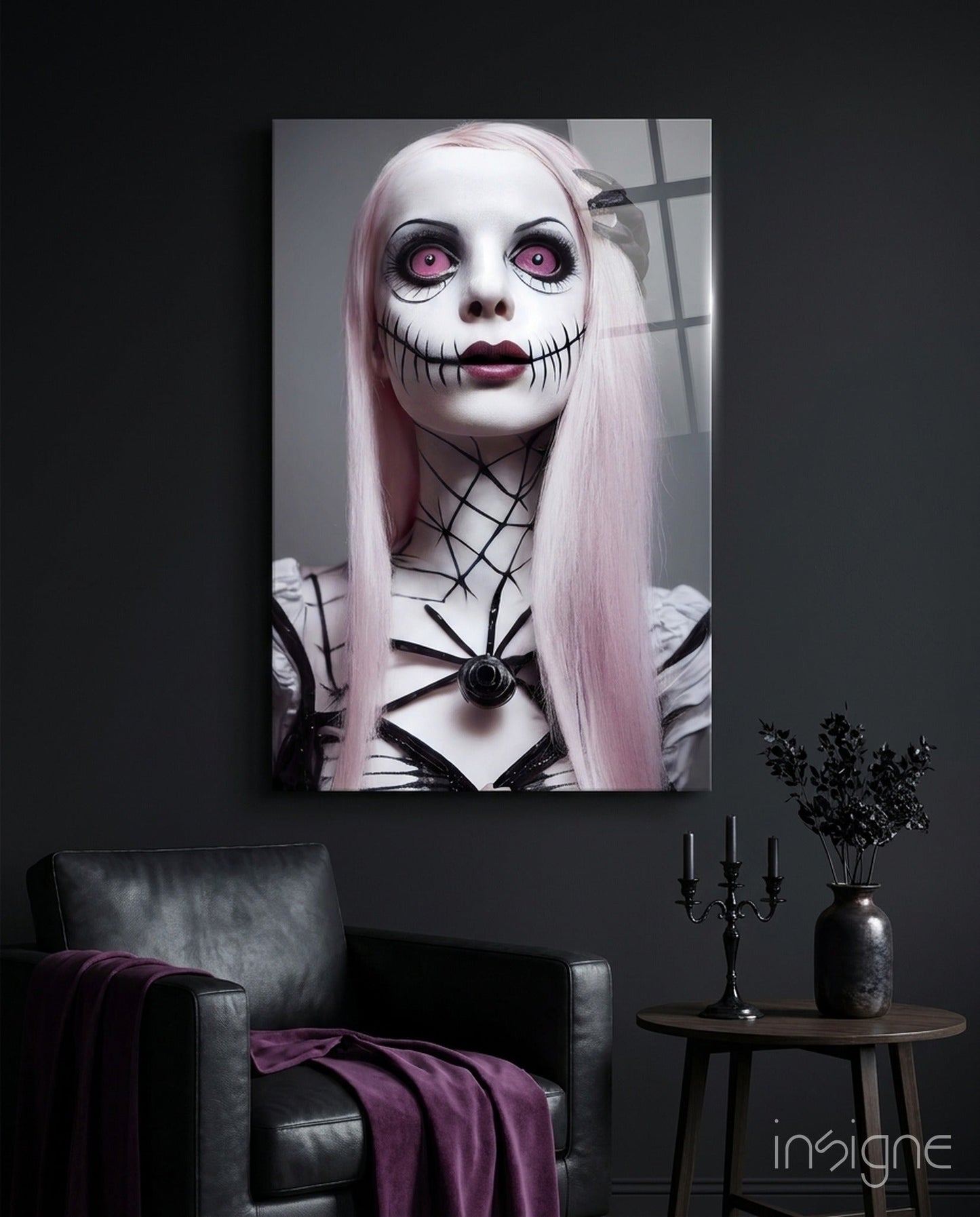 The Puppet glass wall art featuring a gothic porcelain doll portrait