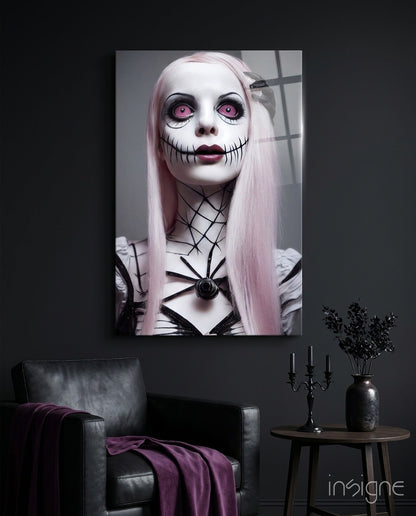 The Puppet glass wall art featuring a gothic porcelain doll portrait