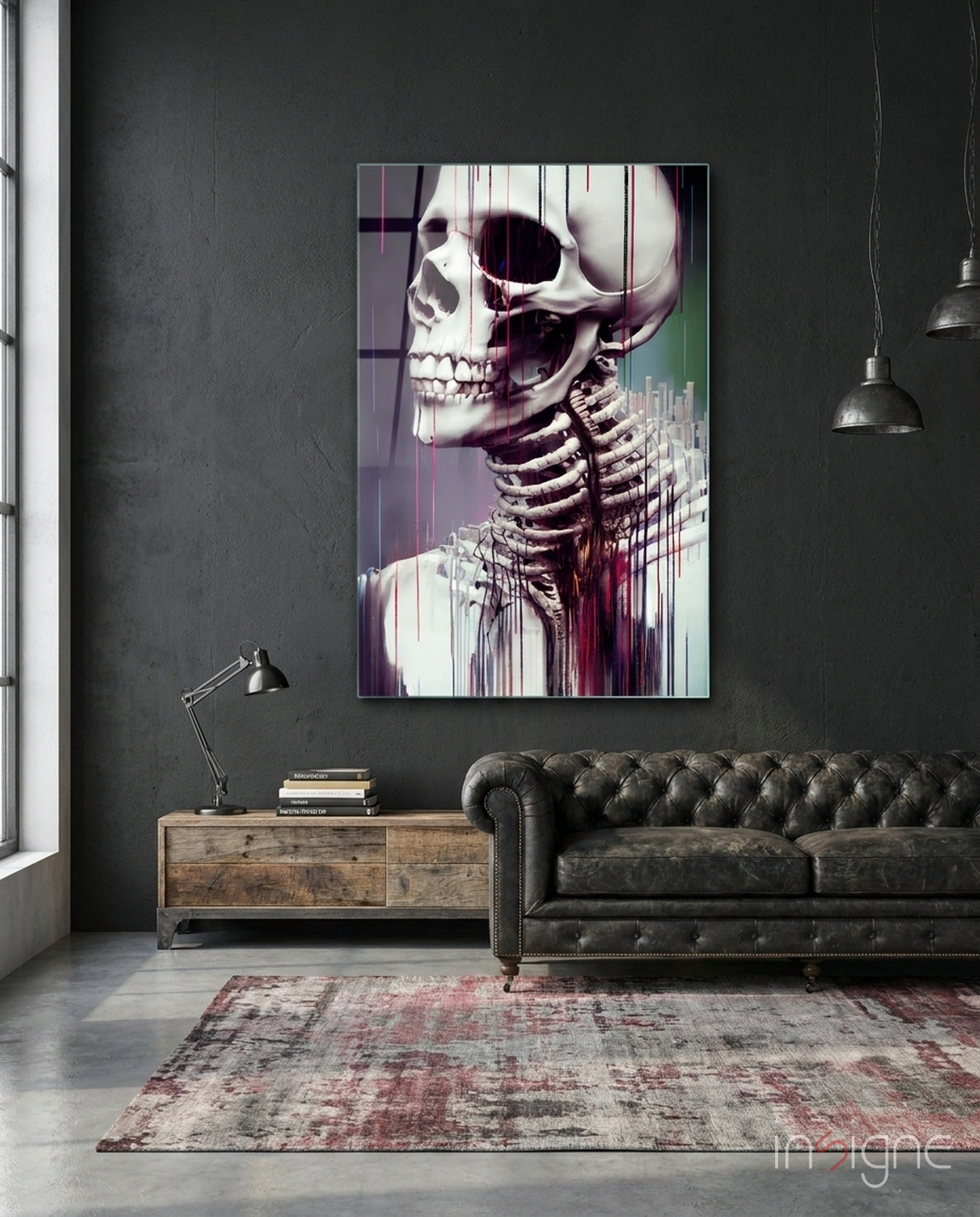 We, In Fact glass wall art featuring a skeletal anatomy in profile