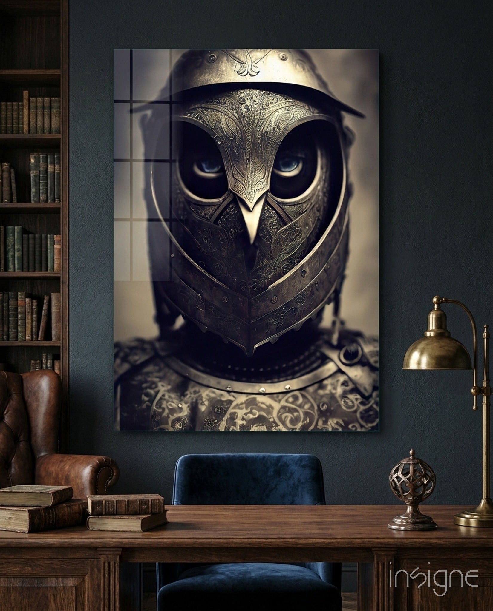 The Beak glass wall art featuring an owl in a medieval helmet