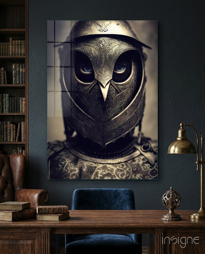 The Beak glass wall art featuring an owl in a medieval helmet
