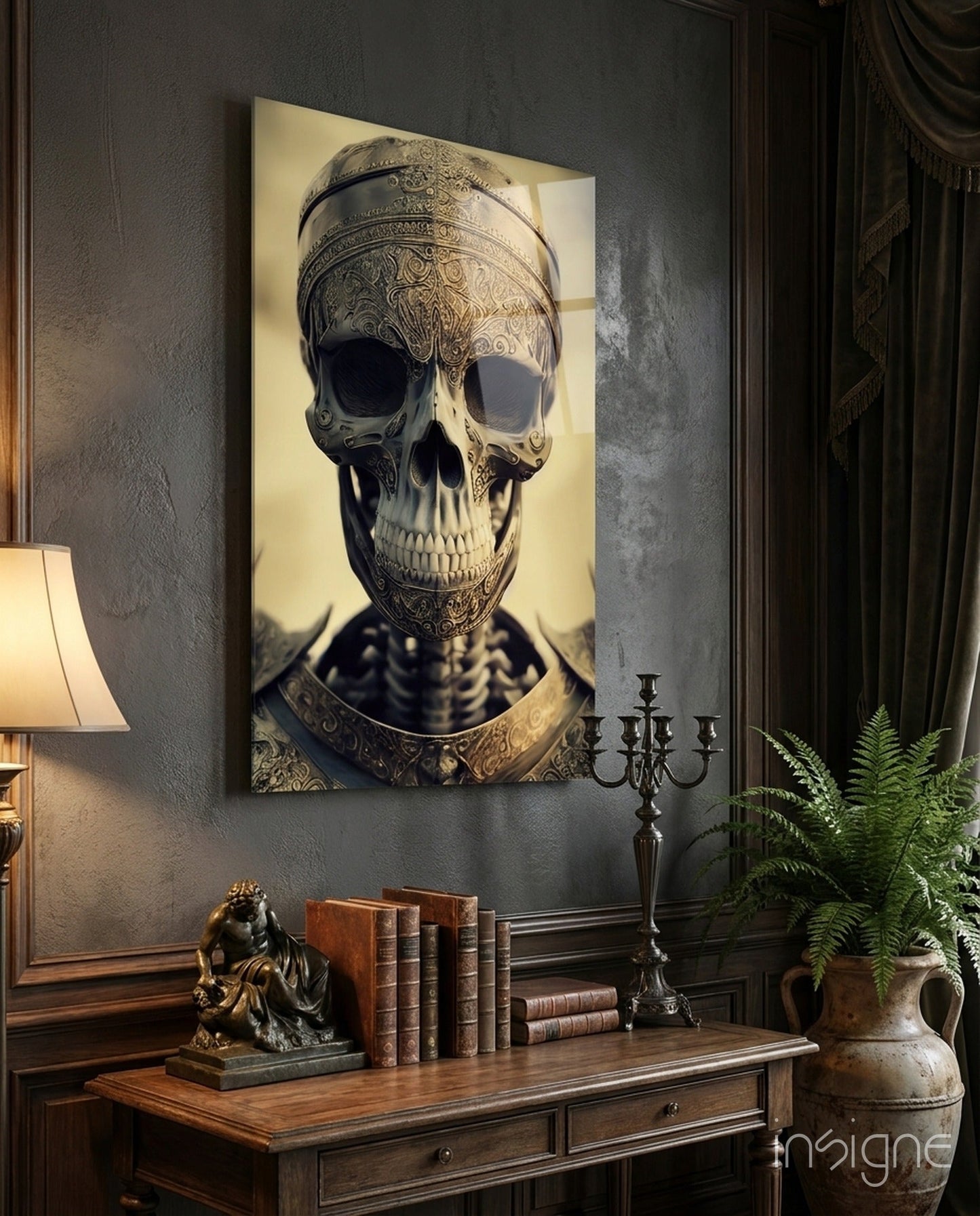 The Immortal Fighter glass wall art featuring an ornate crowned skull