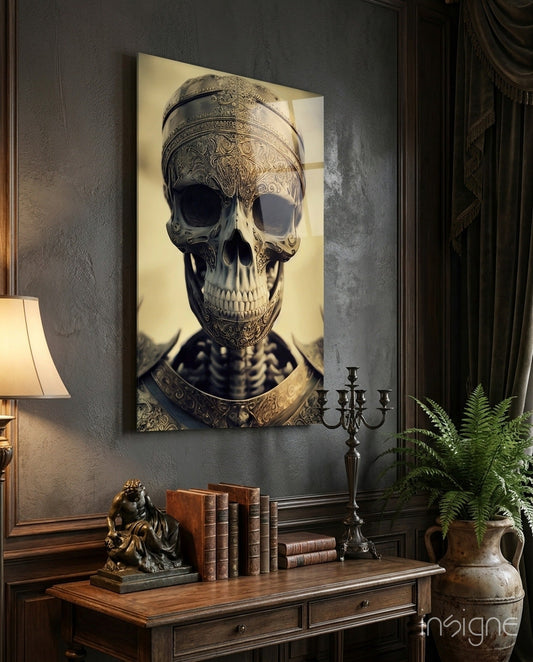 The Immortal Fighter glass wall art featuring an ornate crowned skull