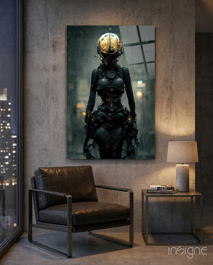 She glass wall art featuring a cyberpunk armored figure